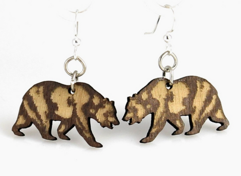 California Bear Wood Carved Earrings